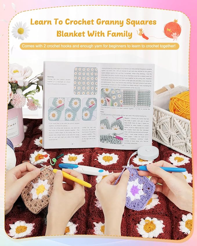 Coopay Crochet Kit Beginners for Blanket, Granny Squares Crochet Blanket Kit with Instructions & Enough Yarn, Complete Crocheting Starter Set Easy Learn to Knitting Blanket for Adults (Roman Red)