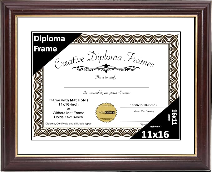 Creative Picture Frames 11x16 Mahogany Gold Rim Diploma Frame with White Mat Glass and Installed Wall Hangers | Frame Holds 14x18 Media without Mat