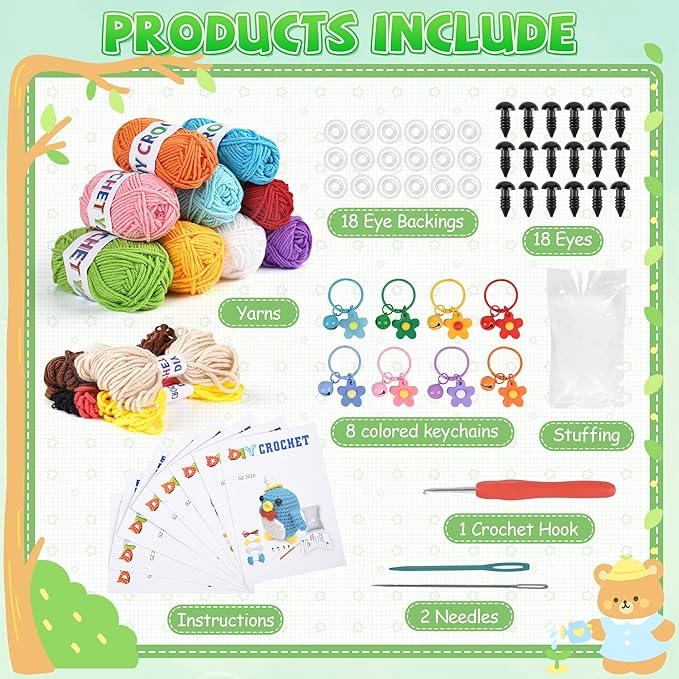 Yayvokuv 8Pcs Crochet Kit for Beginners, 2026 Gift for Crochet Lovers, DIY Craft for Adults and Kids, Crocheting Animal Kits with Step by Step Videos, Yarn, Crochet Hook, Birthday Holiday Gift (Blue)