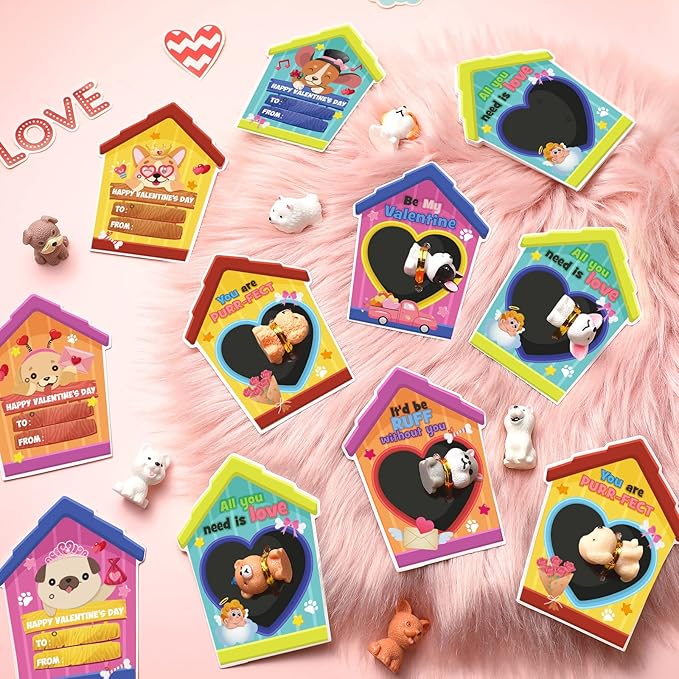 Zhanmai 48 Pcs Dog Valentine's Day Gifts Card and Dog Resin Figurines Miniature Puppy Heart Greeting Card for Valentine Party Favors Exchange Prizes Gifts (Vivid)
