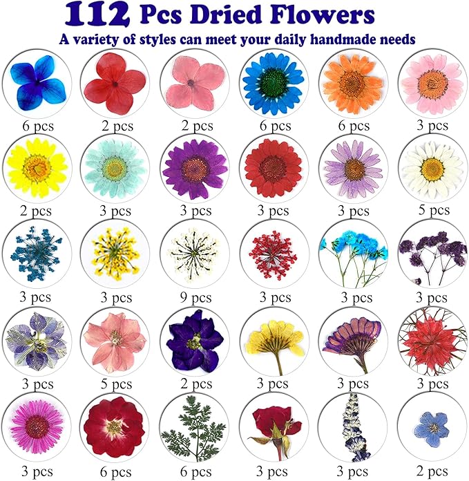 152 Pcs Dried Pressed Flowers for Resin and Nails, Real Natural Flowers Leaves and Butterfly Stickers for Jewelry Soap and Candle Making
