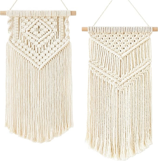 Dahey Small Macrame Wall Hanging 2 Pcs Woven Tapestry Wall Art Decor - Beautiful for Boho Home Dorm College Classroom Decor, Apartment, Nursery, Party Decorations, 16.5" L x 10" W and 17.5"x 10"W