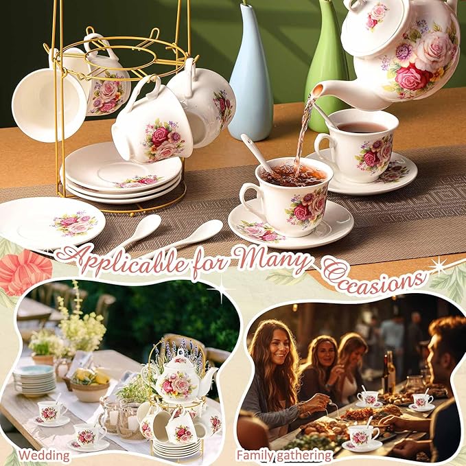 Zhehao 20 Pcs Porcelain Tea Set with Metal Holder and Spoon Adult Ceramic Tea Set European Flower Painting Teapot Cup Saucer Spoon for Women, Large Version(Modern Style)