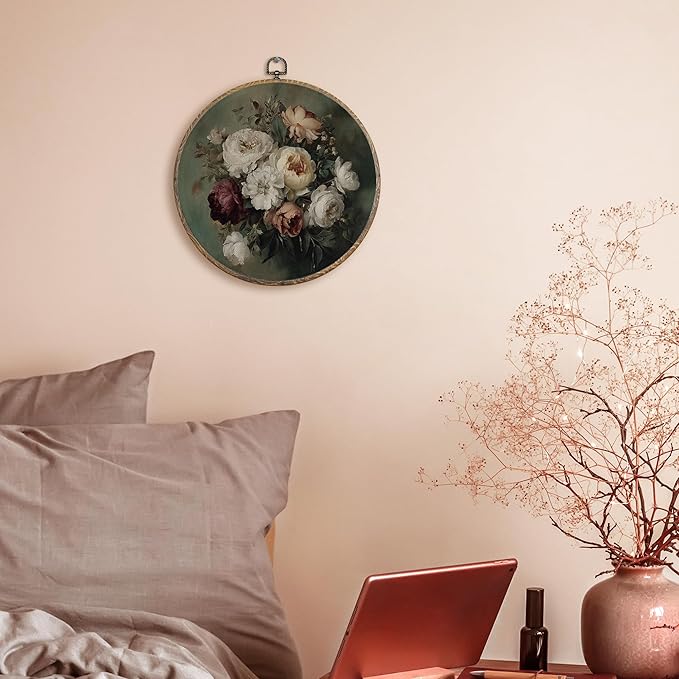 FUGWN Vintage Floral Round Wall Art Decor Framed, Antique Floral Canvas Artwork Prints, Retro Cottagecore Farmhouse Flower Wall Hanging Decorations for Home Bedroom Living Room, 10x10 Inch