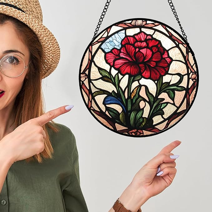 Stained Glass Window Hanging - Red Carnation Birth Flower Sun Catcher for Door Garden Home Decor Suncatcher Christmas Mother's Day Birthday Gifts for Women Men Mom Nana Friend Wife 9.8 in