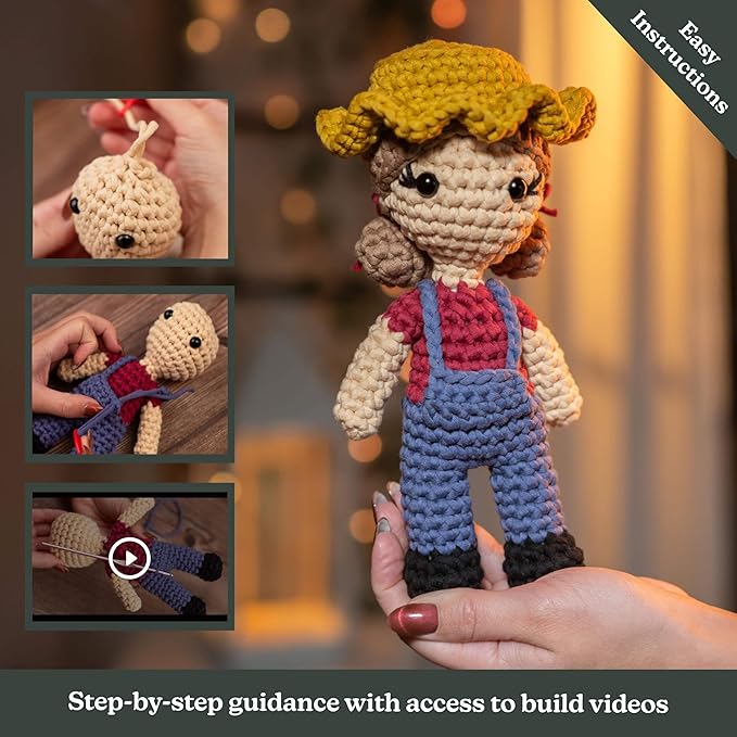Amigurumi Crochet Kit for Beginners Adults and Kids, Learn to Crochet Kits for Adults Beginner with Easy Yarn, Stuffed Crochet Animal Kit with Step-by-Step Video Tutorials – Dottie the Farmer