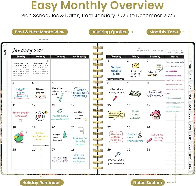 2026 Planner, Weekly and Monthly Planner for Women, January 2026 to December 2026, Pretty Hardcover 2026 Calendar Planner Book with Tabs, Inner Pocket, Spiral Bound, Perfect Office Home School Supplies - 8.5" x 11", Wildwood Fox