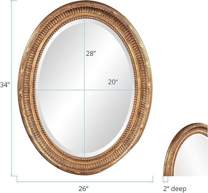Howard Elliott Nero Oval Wall Hanging Mirror for Wall, Rich Country Gold Decorative Oval Mirror for Wall Vanity Mirror Perfect for Living Room, Bedroom & Home Decor, 26 x 34 Inch