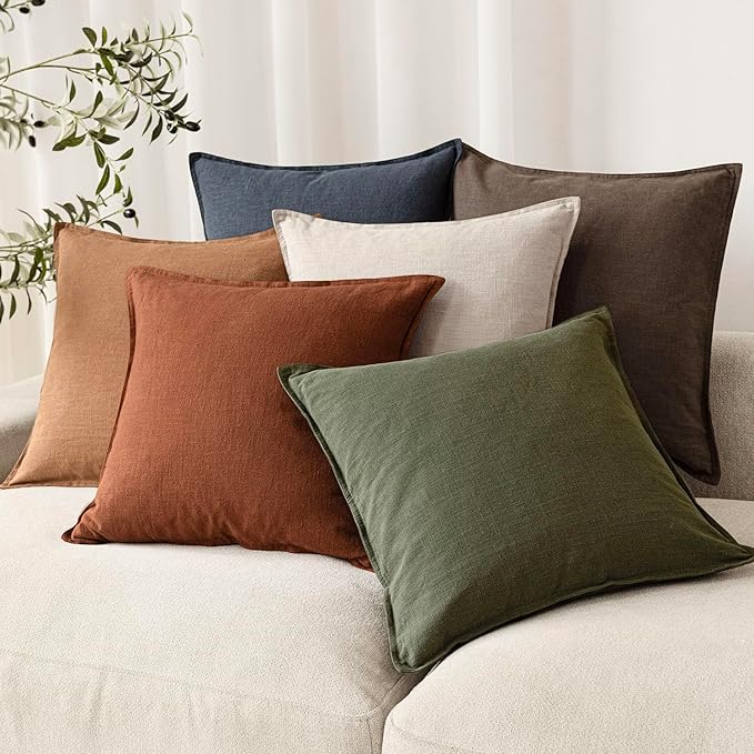 Foindtower Pack of 2, Decorative Linen Soild Throw Pillow Covers Soft Accent Cushion Case Farmhouse Neutral Pillowcase for Chair Couch Sofa Bedroom Living Room Home Decor 16 x 16 Inch Fall Rust Orange