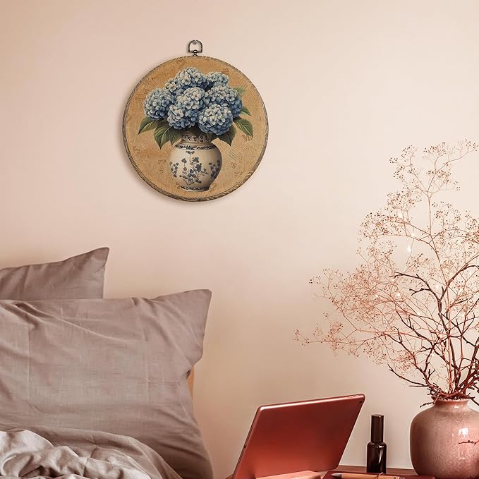 FUGWN Vintage Chinoiserie Vase Hydrangea Floral Round Wall Art Decor Framed, Grandmillennial Floral Canvas Artwork Print, Retro Flower Wall Hanging Decorations for Home Bedroom Gallery, 10x10 Inch