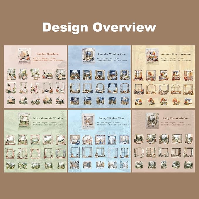 Weather Window PET Stickers, 90PCS Large Window Scenery Designs - Cozy Seasonal Views for Scrapbook Journals Planners DIY Decor
