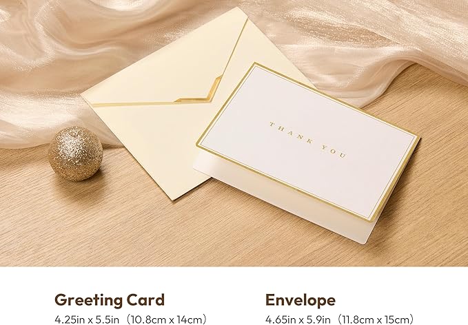 20 Pack Thank You Cards with Envelopes, 4.25×5.5 Inch Textured Thank You Notes, Gold Foil Thank You Cards with V-Shape Gold Foil Envelopes, Blank Inside for Wedding Baby Shower Business