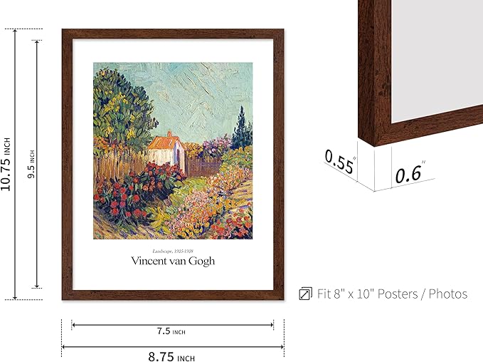Monem Art Vintage Van Gogh Poster - Retro Impressionist Print - Flower Garden, Cottage, Sky, Colorful, Landscape - Gift for Artist, Friend - Wall Decor for Home, Office, 8x10 Brown Framed