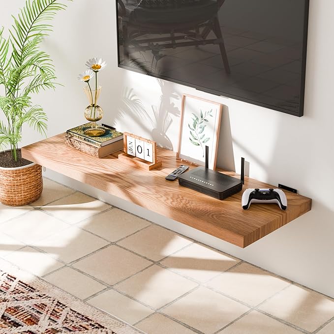 36 Inch Solid Oak Floating Shelves - Natural Wood 12 Inch Deep Wall Shelf, Rustic Display Shelf, Hanging Wall Shelf Decoration for Bedroom, Bathroom, Living Room