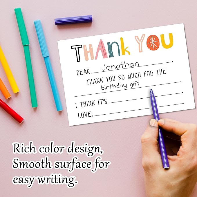 Colorful Kids Thank You Cards, Minimalist Thank You Card For Baby Shower Birthday Party, Kids Birthday Cards Fill In The Blank, 20 Pack Cute Greeting Cards With Envelopes For Boys And Girls, 008