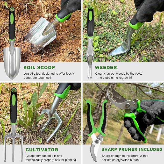 Gardening Tool Set, 11-Piece Outdoor Gardening Tools, Indoor Mini Gardening Planting Set Suitable for Women, Seniors, and Left-Handed Users with Green Non-Slip Handles. (Gray)