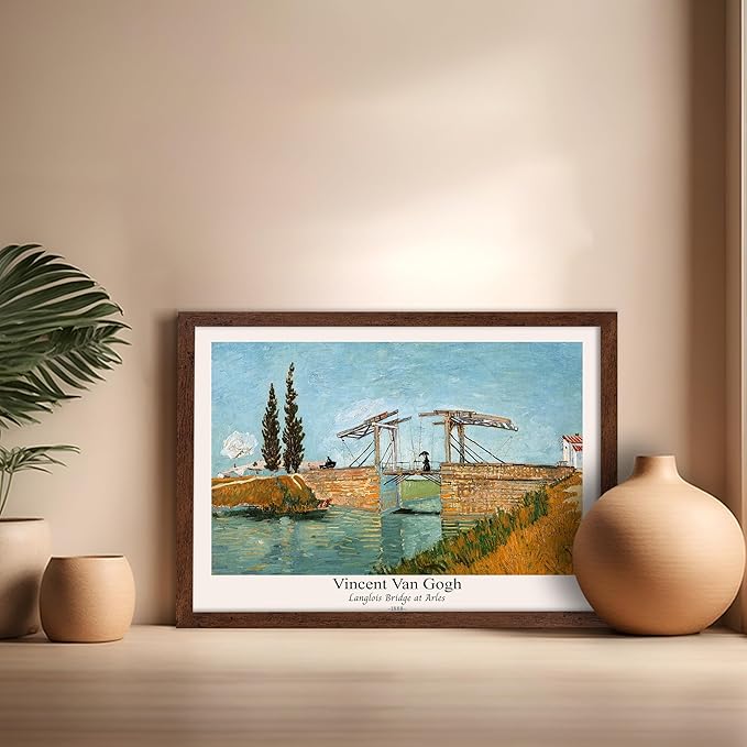 Monem Art Vintage Van Gogh Poster - Retro Langlois Bridge at Arles Print - Impressionism Art - Landscape Art - Fine Art - Classic Painting Art - Bedroom or Office Decor - 16x20 Brown Framed