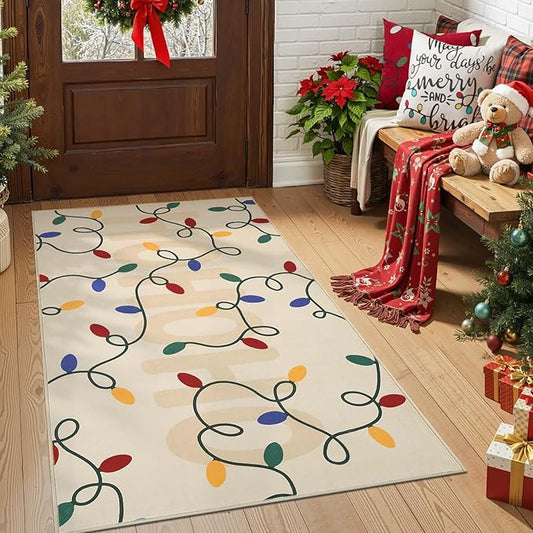 jinchan Jingle Lights Christmas Rug 3x5 for Entryway Kitchen Beige Holiday Rug for Bedroom Colored String Lights Printed Xmas Decor for Living Room Bathroom Washable Non Slip Decorative Floor Carpet
