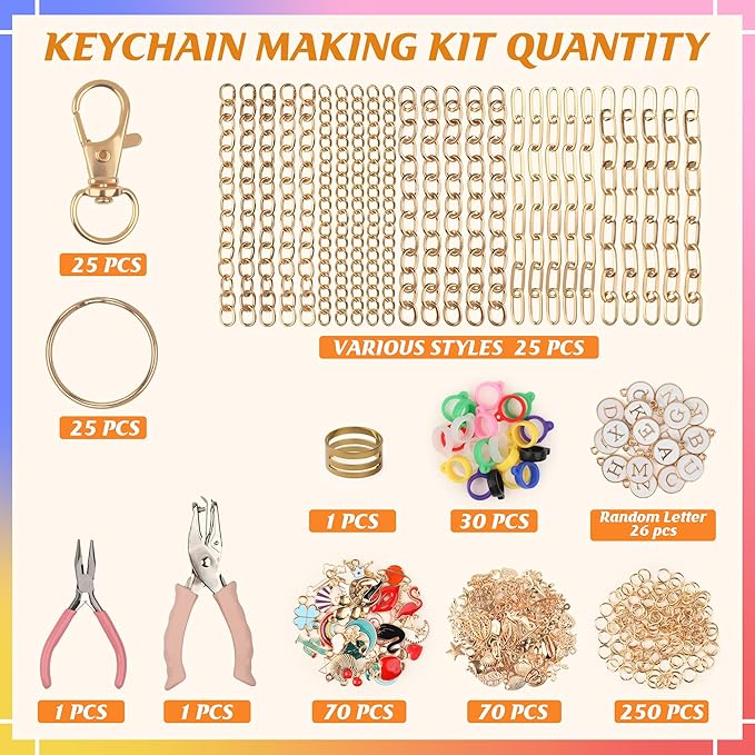 Starry 524 Pcs Keychain Making Kit, Including 25 Extender Chain 25 Keychain Clips 166 Charms Jewelry Plier Making Supplies for DIY Crafting and Jewelry Making