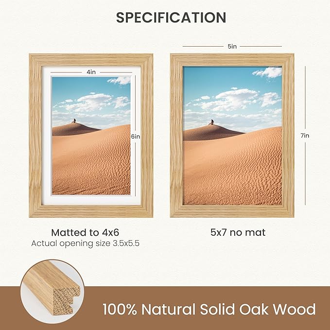 Dreamland 5x7 Picture Frame, Solid Oak Wood Photo Frame with Mat for 4x6, 5 x 7 Matted Picture Frames with Resistant Plexiglass for Wall Mounting or Tabletop, Oak Color, Set of 1
