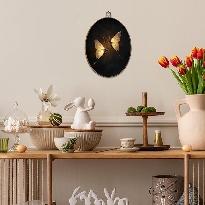 Mcehtle Vintage Butterfly Wall Art Decor, Dark Moody Cottagecore Moth Insect Oval Framed Canvas Prints 8.6x11.4, Neutral Farmhouse Wall Hanging Artwork Decorations for Gallery Home Bedroom Living Room