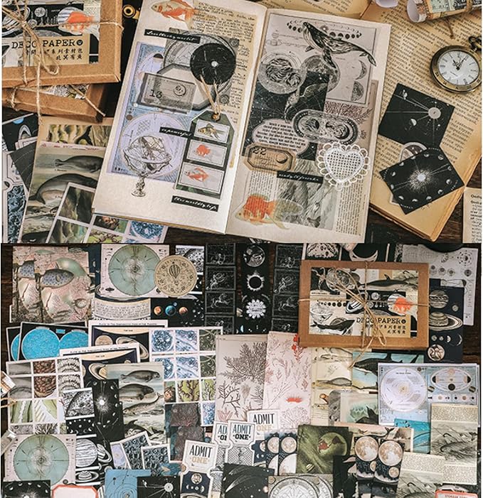 200 Pieces Vintage Ephemera Scrapbooking Supplies Pack for Journaling, Decoupage Paper Scrapbook Stickers Kit for Bullet Junk Journal Planners Collage Craft Notebooks Album (Space and Sea)