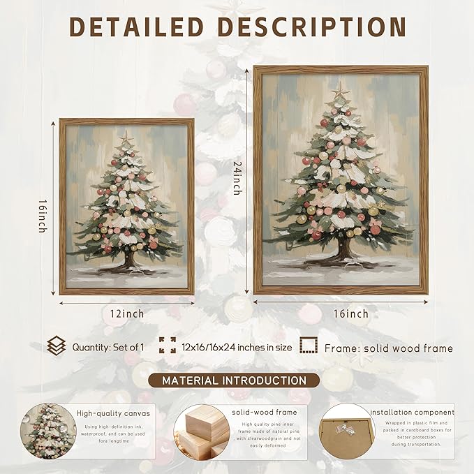 Framed Christmas Canvas Wall Art, Vintage Christmas Tree Pictures Print, Rustic Winter Holiday Decor, Wood Frame Pine Tree Painting, Christmas Tree Wall Decor for Living Room, Fireplace – 12x16in