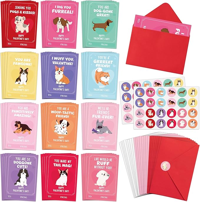 TICIAGA 144pcs Valentine's Day Cartoon Puppy Animal Greeting Card with Envelop and Stickers for Kids, Cute Dog Pet Notecard Exchange Gift for Boys and Girls School Classroom, Valentines Party Favors