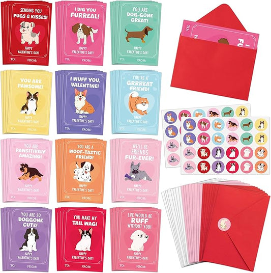 TICIAGA 144pcs Valentine's Day Cartoon Puppy Animal Greeting Card with Envelop and Stickers for Kids, Cute Dog Pet Notecard Exchange Gift for Boys and Girls School Classroom, Valentines Party Favors