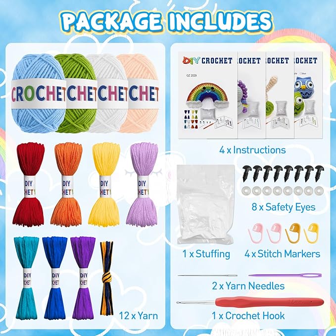 Roomaze Crochet Kit for Beginners,4 Pack Crochet Kits with Step-by-Step Video Tutorials, DIY Crochet Starter Kit for Adults Craft Kits for Adults-Ideal for A Gift (Owl,Unicorn,Snail,Rainbow)