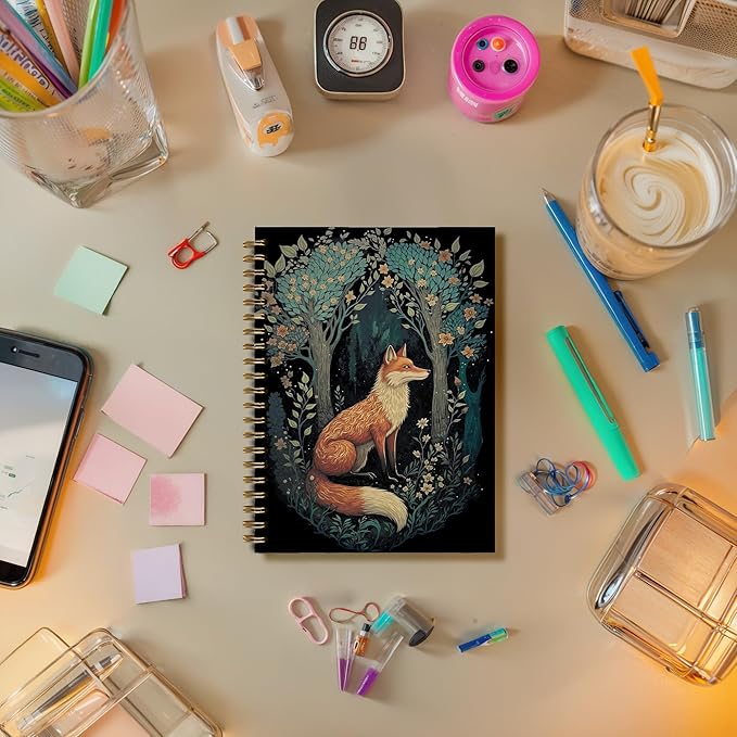 Vintage Moody Fox Notebook, Dark Cottagecore Flower Aesthetic Journal, Fox Gifts for Women men, Animal Lover Gifts, Mystical Forest Foxes Animal Spiral Journal Notebook, 5.5x8.3 Inch
