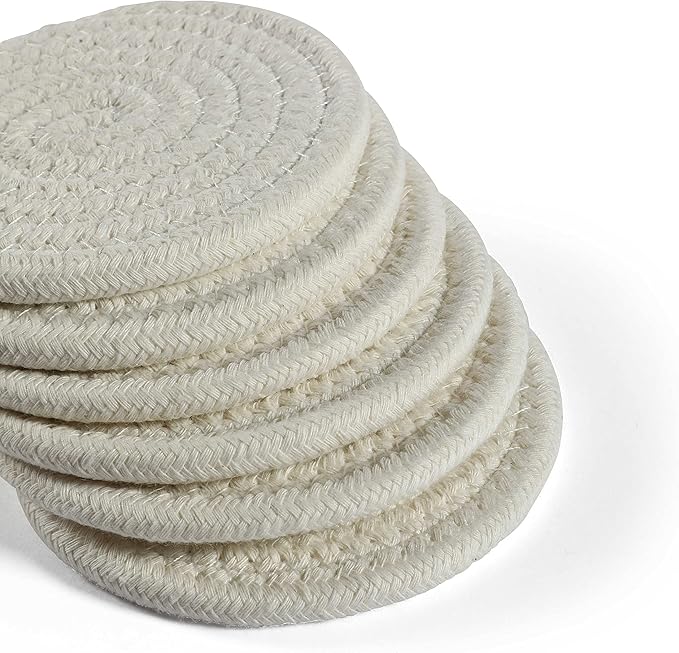 OrganiHaus Drink Coasters Set of 6, Absorbent Cotton Woven Cup Coasters, Rustic Farmhouse Boho Decor for Coffee Table and Drinks Protection, Cute Coaster for Drinks - Off-White