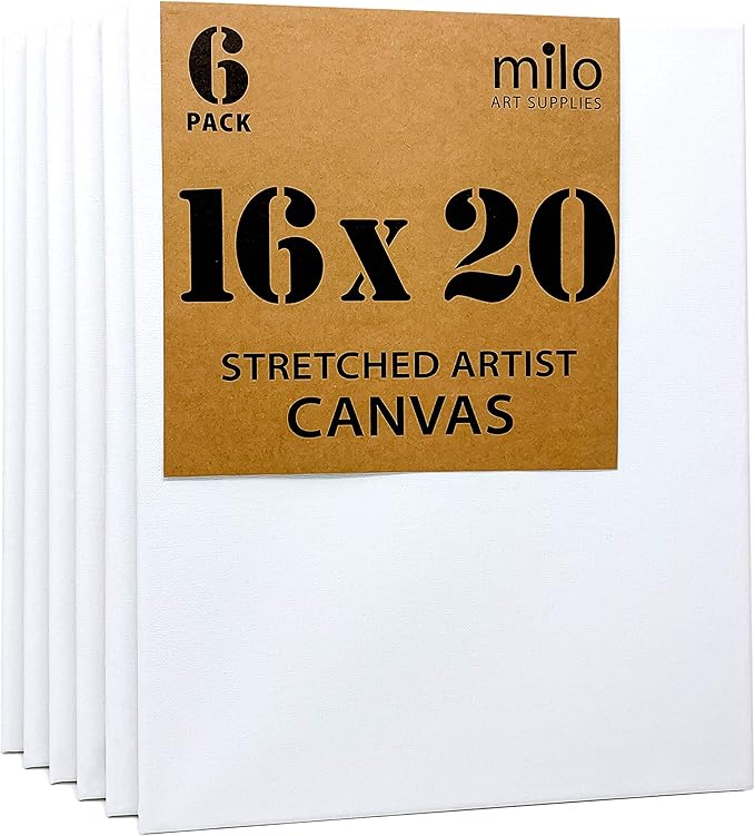 milo Stretched Artist Canvas | 16x20 inch | Value Pack of 6 Canvases for Painting, Primed & Ready to Paint Art Supplies for Acrylic, Oil, Mixed Wet Media, & Pouring, 100% Cotton with Pine Wood Frame