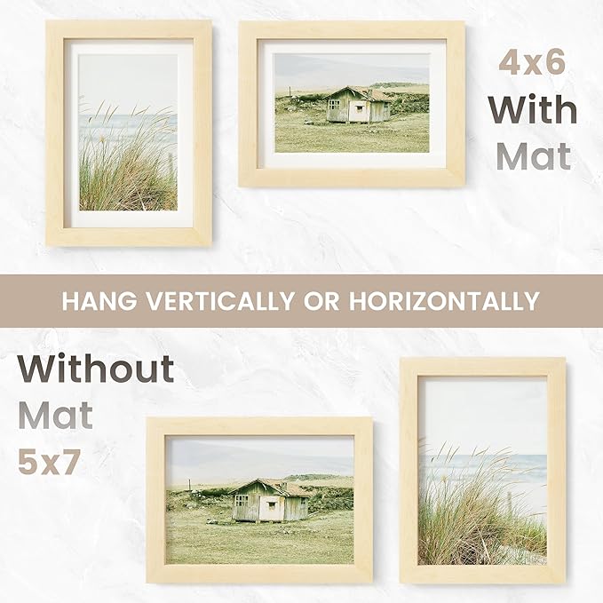 5x7 Picture Frame, USA-Sourced Natural Maple Wood Photo Collage Frame with HD Tempered Glass, Modern Simple 5 x 7 Wooden Frame Matted to 4x6, Gallery Wall Frames for Art, Wall or Tabletop Display