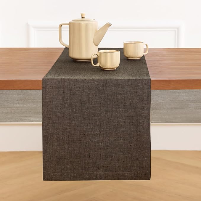 Solino Home Linen Table Runner 72 Inches Long - Athena, 100% Pure Linen Chambray Brown Dining Table Runner 14 x 72 Inch for Winter - Handcrafted and Machine Washable