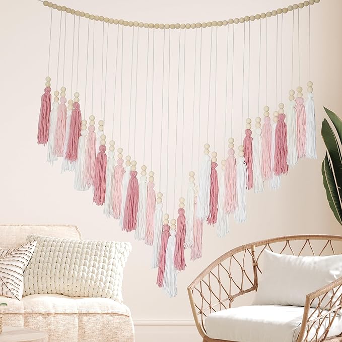 Pink&White Large Macrame Wall Haning Boho Decor,Blush Pink Tassel Wall Decor Bohemian, Pink Bedroom Living Room Girls Room Décor Nursery Dorm Decoration Boho Gift for Girls Woman Gifts