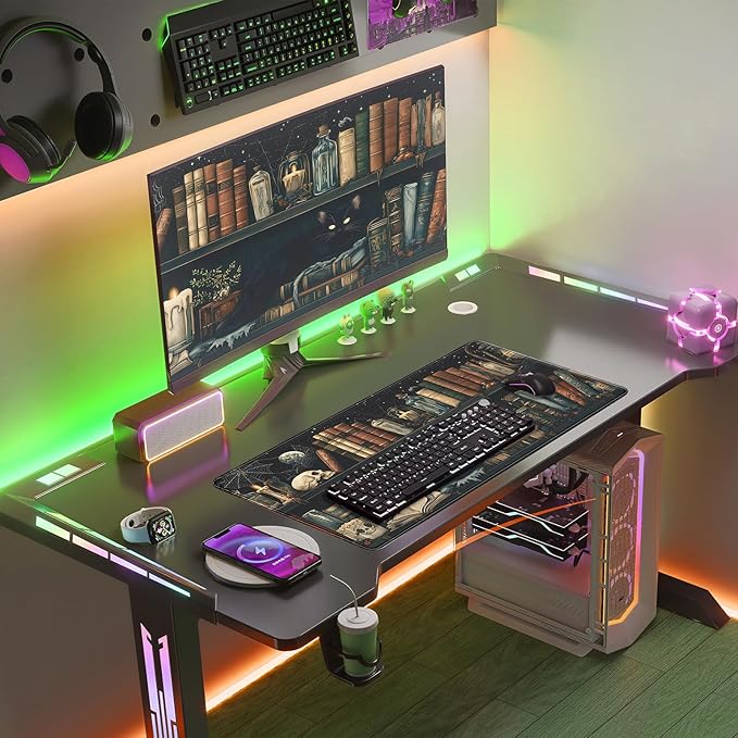 Mystic Grimoire Desk Mat - Black Cat on Bookshelf Large Mouse Pad- Gothic Library with Skull Bottles Extended Desk Pad- Dark Academia Starry Night XL Mouse Pad for Gaming Study Work 31.5 * 15.7in