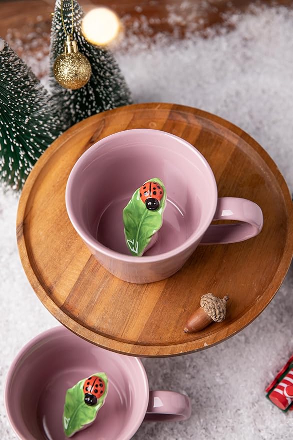 DIHOclub Ceramic Ladybug Cup Hidden 3D Animal Inside Mug，Garden series Handmade Figurine Mugs 12OZ(Pink purple)