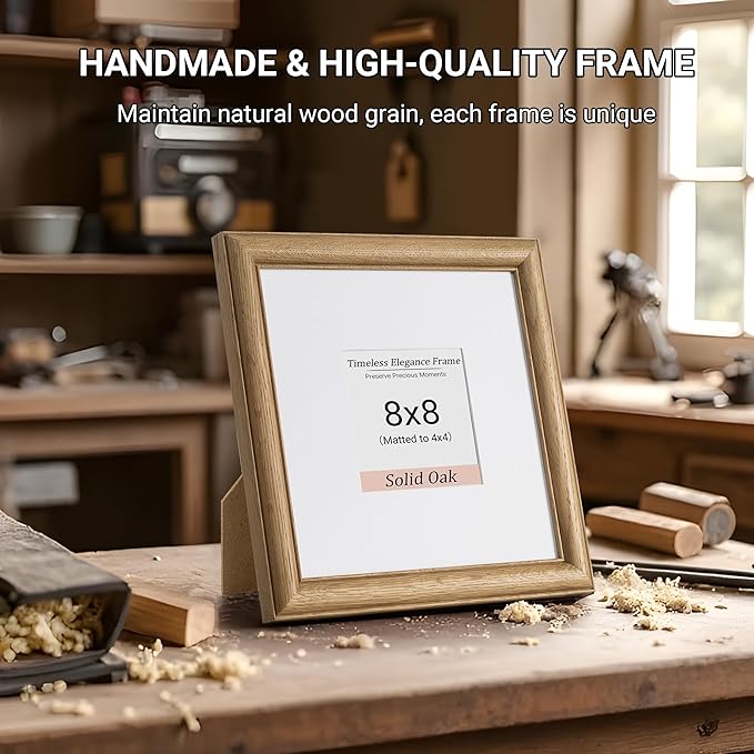 Heimlove 8x8 Picture Frame,8 x 8 Solid White Oak Square Photo Frame with Tempered Glass,8"x8" Handcrafted Wood Frame Matted to 4x4 Photos for Wall or Tabletop Art Photo and Prints,1 Pack