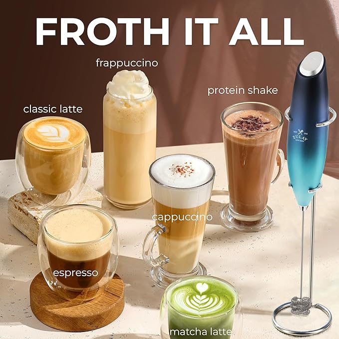 Zulay Kitchen Patented Tornado Triple Whisk Milk Frother with 4 Duracell Batteries – Handheld Foam Maker for Coffee, Lattes, Matcha & Hot Chocolate – Rich, Creamy Froth in Seconds