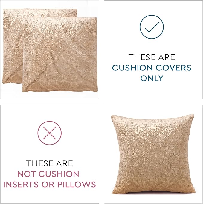 Encasa XO Luxury Embossed Velvet Throw Pillow Covers - Plush Cushion Covers for Elegant Living Rooms & Bedrooms, Machine Washable, 18"x18" Beige | Set of 2 | Covers Only No Insert