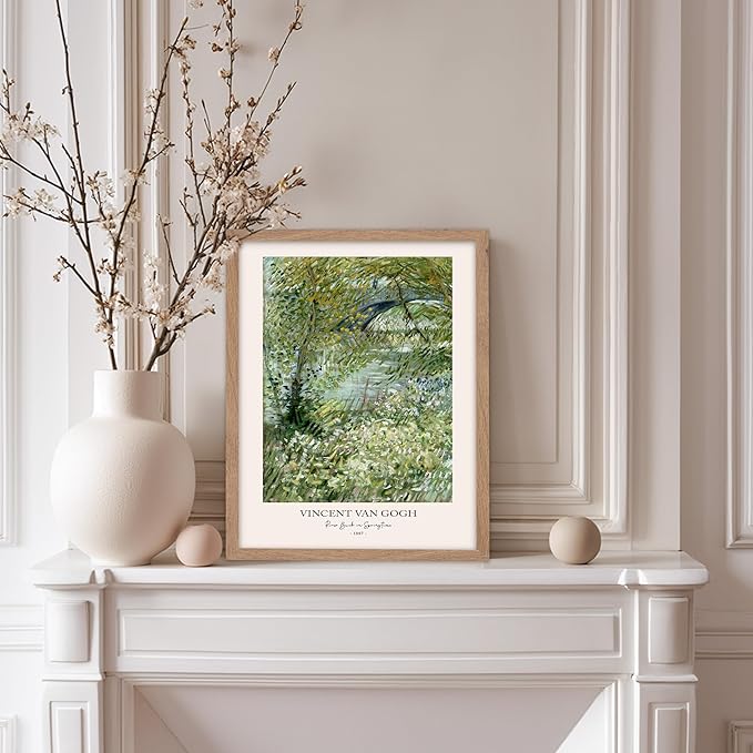 Monem Art Vintage Van Gogh Poster - Retro Impressionist Print - River Bank in Springtime, Flowers, Landscape - Gift for Artist, Friend - Wall Decor for Home, Office, 11x14 Beige Framed