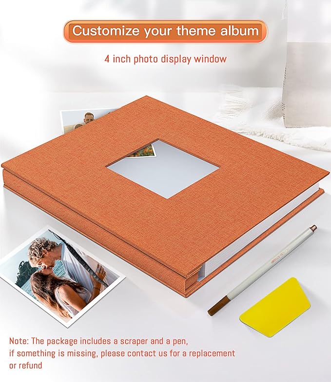 popotop Photo Album Self Adhesive with Picture Display Window,40 Pages DIY Scrapbooking Supplies Kit for 4x6 8x10 Picture,Linen Cover Memory Book for Baby Wedding, with Scraper and Metallic Pen