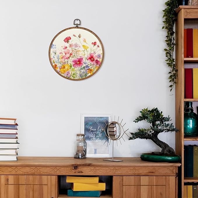 KSDUT Spring Floral Botanical Wall Decor Art - Colorful Flower Wall Art Canvas Frame Hanging Prints, Preppy Trendy Wildflower Round Wall Art Decor for Farmhouse Gallery Home Decorations 10"x10"