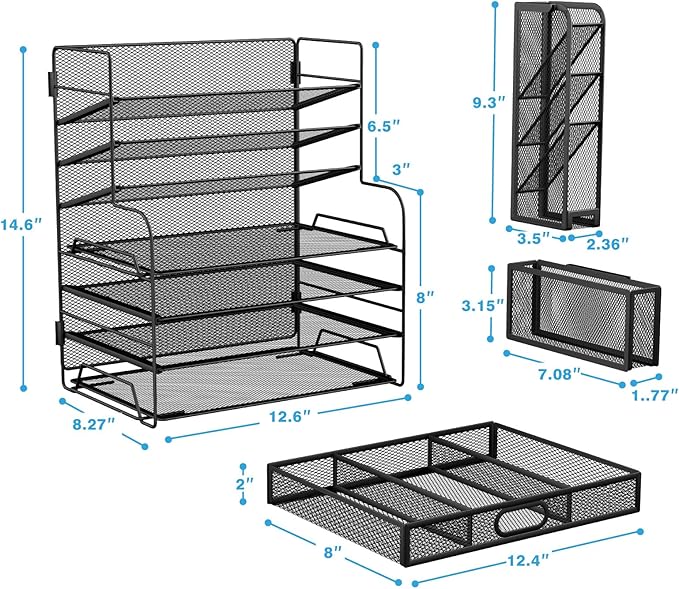 7 Tier Desk File Organizer Office storage Desk Accessories, Desktop Organizer for Office Supplies with Drawer and 2 Pen Holders (Black)