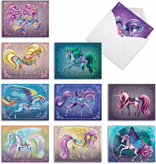 The Best Card Company - 10 Blank Note Cards (4 x 5.12 Inch) - Fun Mythical Fantasy Cards, Assorted Greetings Boxed - Unique Unicorns AM6294OCB-B1x10