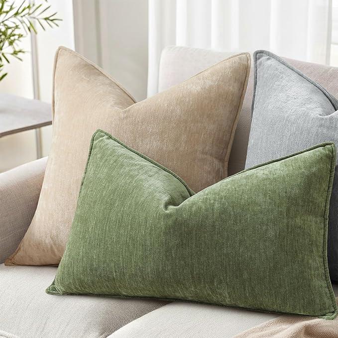 decorUhome Spring Couch Throw Pillow Covers 12x20 Set of 2, Decorative Soft Velvet Neutral Chenille Lumbar Pillow Covers with Elegant Design for Sofa Bed Living Room Home Decor, Olive Green