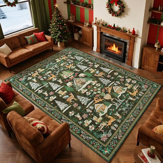 jinchan Christmas Rug 8x10 for Living Room Bedroom Green Holiday Decorative Rug for Dining Room Christmas Tree and Cabin Printed Large Xmas Decor Indoor Washable Non Slip Floor Carpet