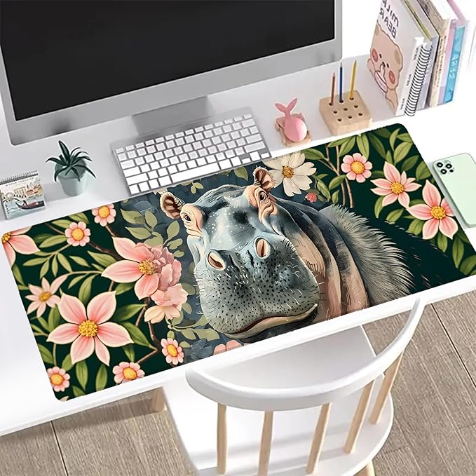 Hippo Floral Gaming Mouse Pad, Office Desk Mat, Anti-Slip Rubber Base Cool Aesthetic Mouse Pads for Computer Laptop Keyboard School Home Desktop Gamer Home Accessories Decor 31.5" x 11.8"