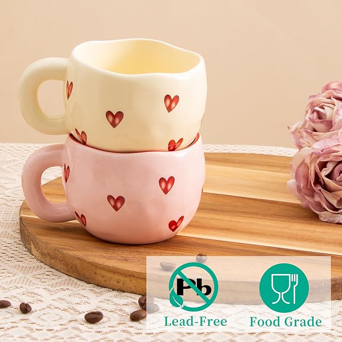 4pcs Cute Ceramic Coffee Mug, 9.4OZ Pink Yellow Porcelain Tea Mugs, Ceramic Hearts Cup Sets for Matcha, Dishwasher & Microwave Safe, Gift for women(Love)